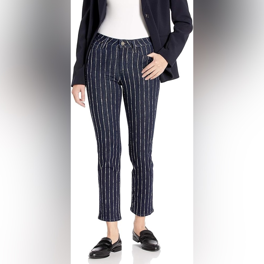 Like New PAIGE Striped Hoxton High Rise Straight Ankle Jeans in Glitter Stripe